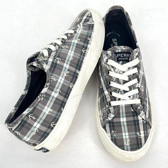 Sperry Pier View Anchor Plaid Gray Blue White Canvas Laced Slip On Sneakers 7.5 - Picture 1 of 11